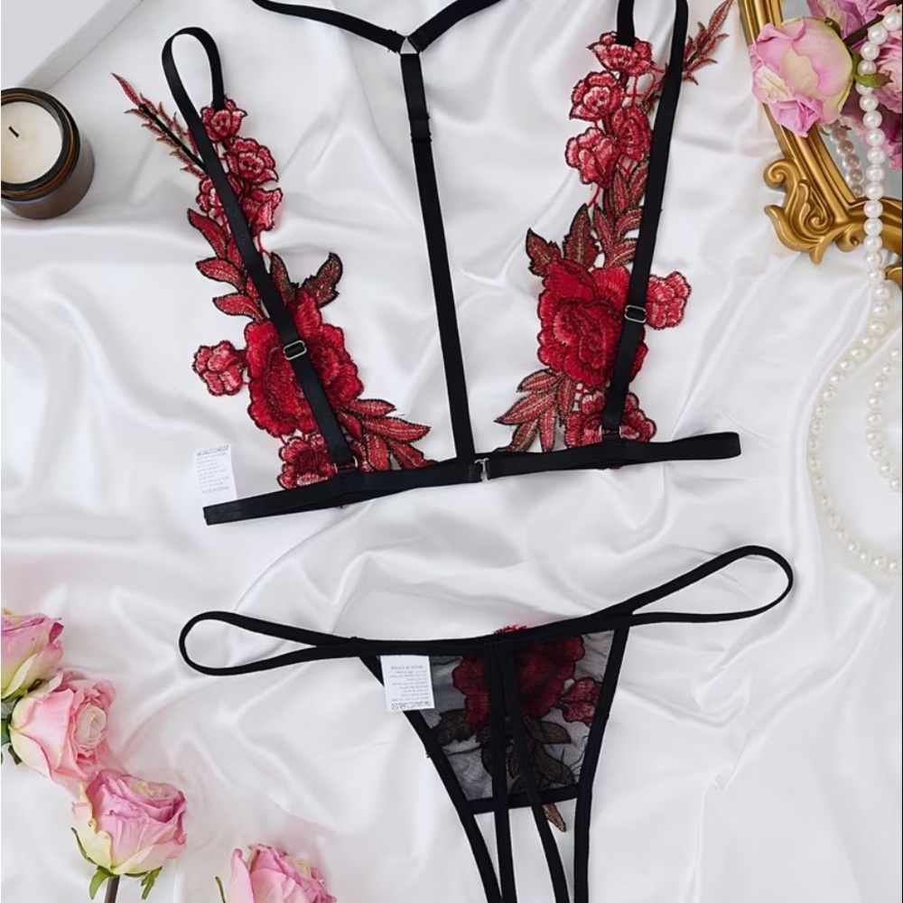 Embroidered Floral Bra Set - Black and Red - Picture 2 of 4